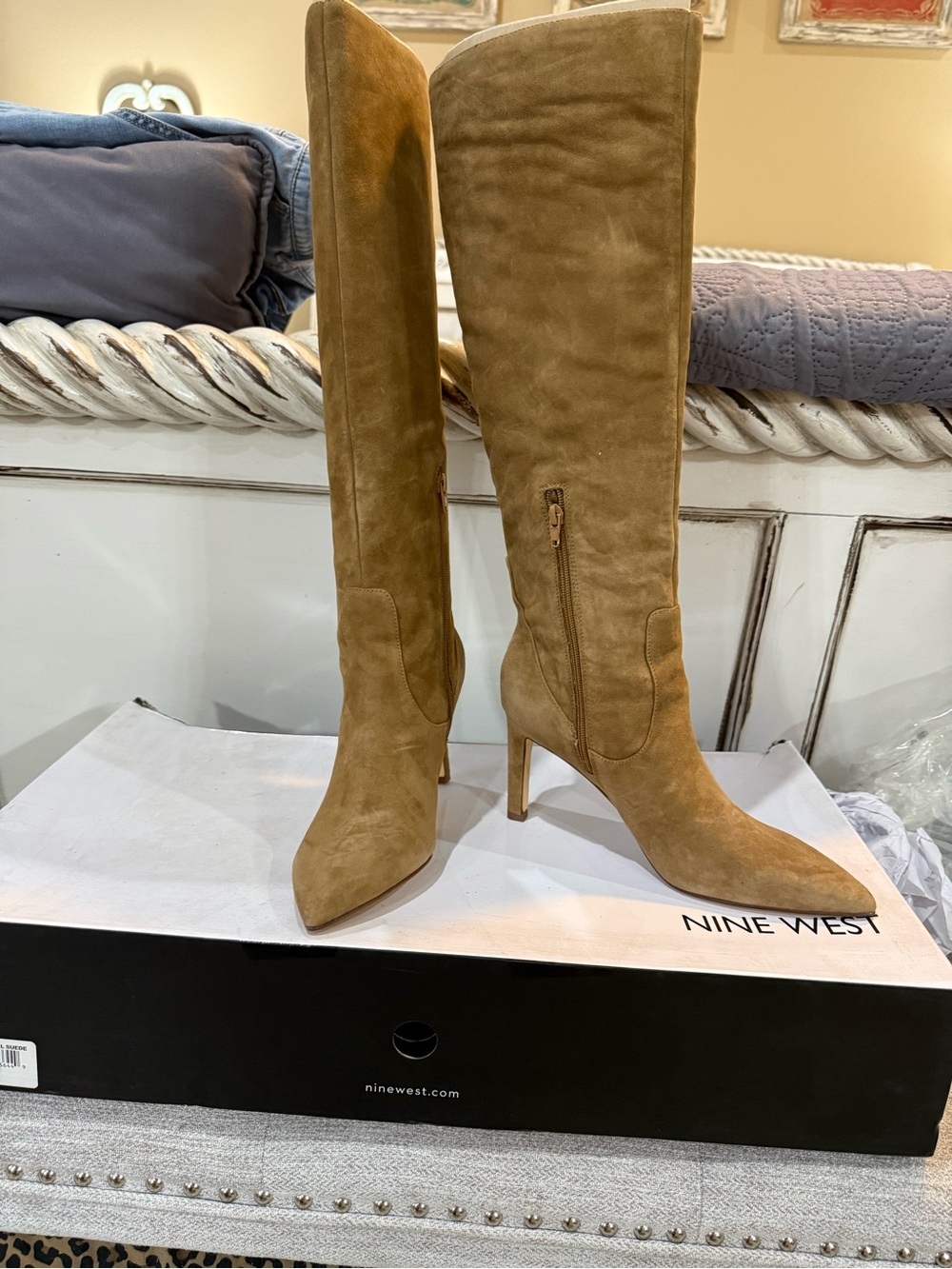 Nine West Women's Over-the-Knee Pointed-Toe Suede Boots in Tan
